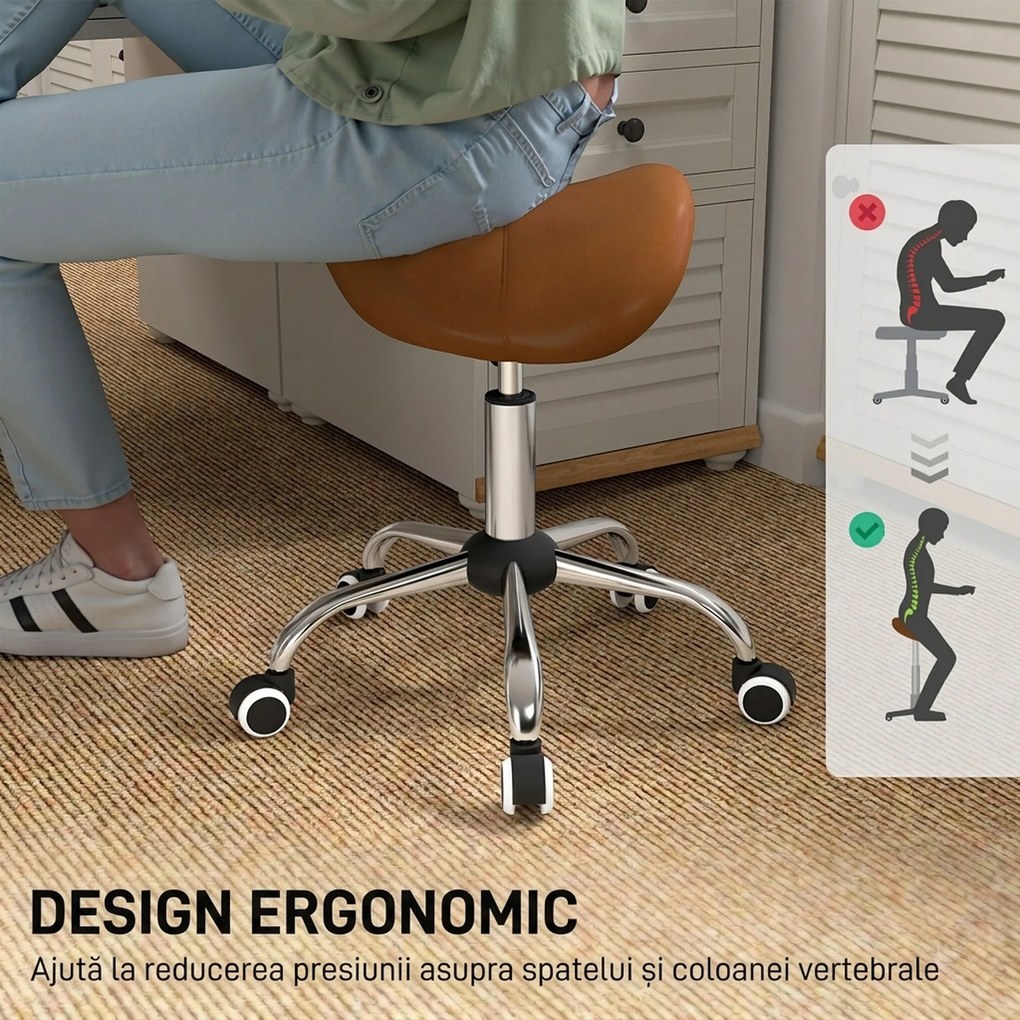 HOMCOM Scaun de Lucru Tip Șa cu Roți și Înălțime Reglabilă pentru Saloane de Coafură și Studiouri de Tatuaje, 52x53x49-61 cm, Maro | Aosom Romania