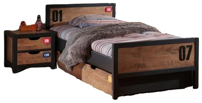 Set Mobilier Cameră Copii ALEX, 3 Piese, Pat 90x200 cm, Pin Masiv și Metal Negru – Vipack