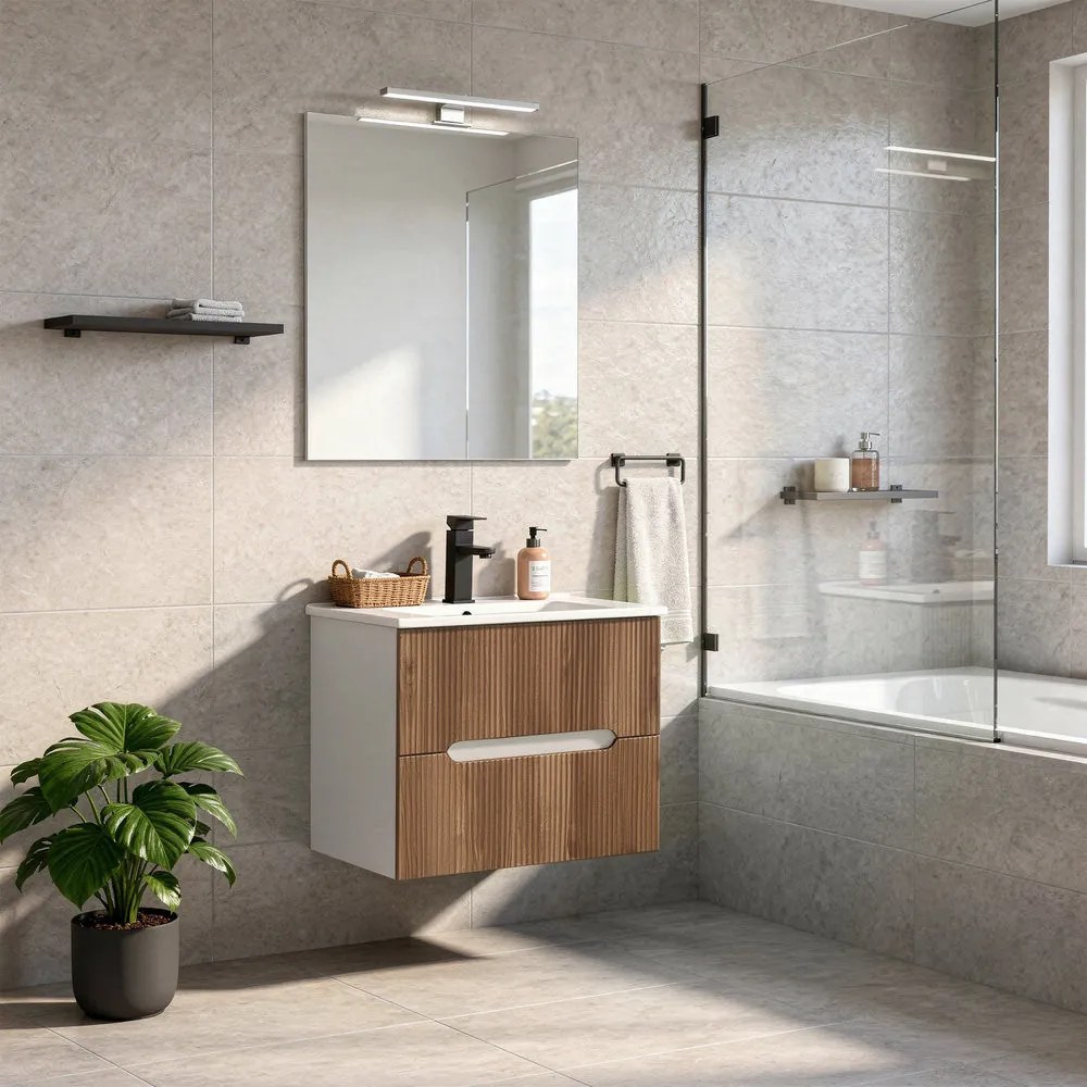 Trent mobilier de baie 60 cm chiuvetă ceramică (2 sertare) cu oglindă 60x80 cm stejar alb-sunset