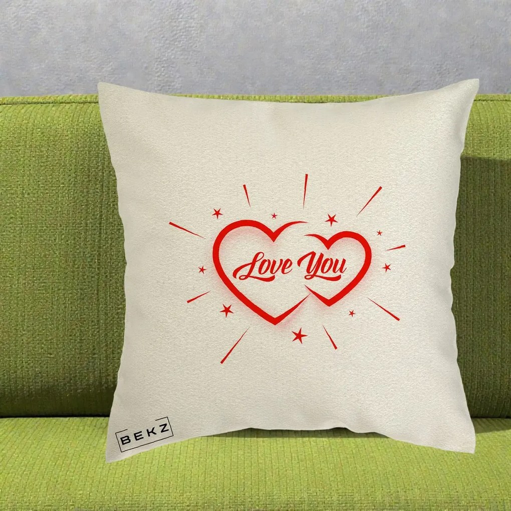Cadou Romantic - Perna Personalizata Love You Doua Inimi, 40x40 cm, Ecru, Husa Detasabila, Perna Inclusa, BEKZ®