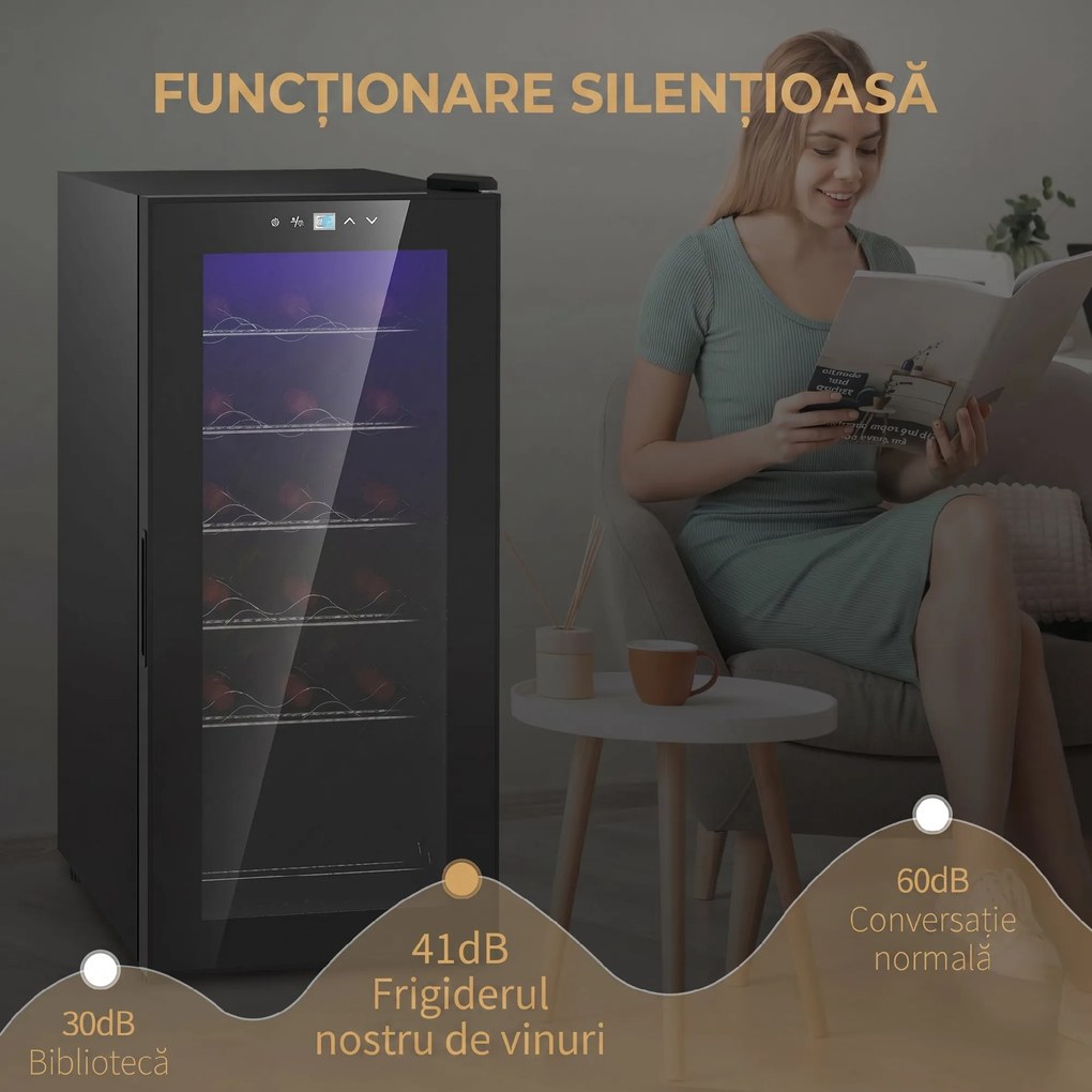 HOMCOM Frigider pentru Vinuri, Frigider de Vin cu Control al Temperaturii, Ecran Tactil Digital și Lumină LED, 18 Sticle, 34.5x45x78 cm, Negru
