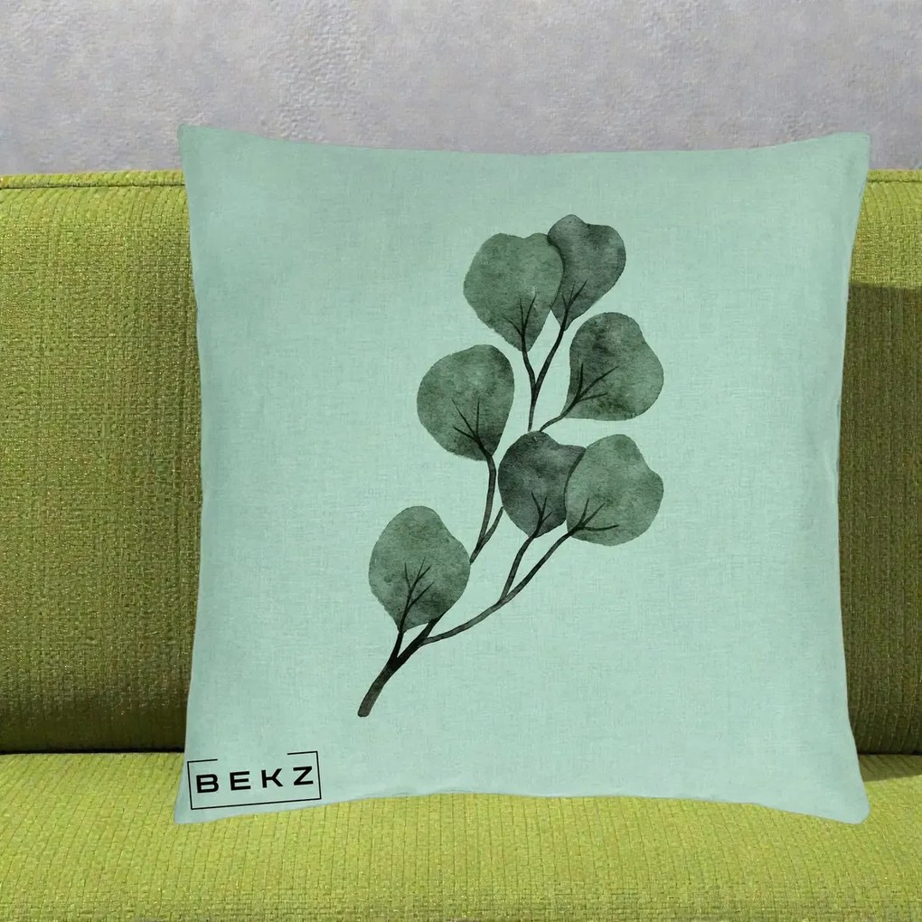 Perna Decorativa Ramura Eucalipt Acuarela, 40x40 cm, Verde Menta, Husa Detasabila, Perna Inclusa, BEKZ®