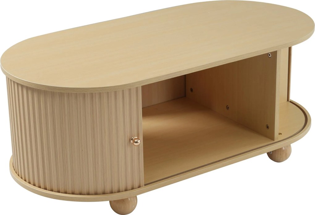 Măsuță de cafea ovală cu spațiu de depozitare și uși glisante, 100x50x40 cm, Culoare naturală