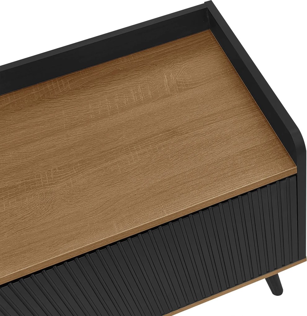 Comodă TV cu 3 uși, picioare din lemn și margine înaltă, 160x39x49,5 cm, Culoare naturală+Negru