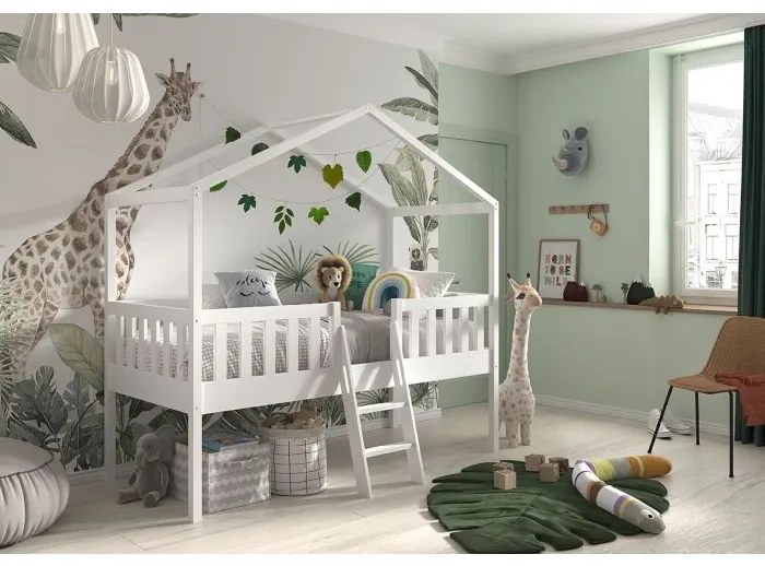 Pat Căsuță Supraetajat cu Scară, Alb, 90 x 200 cm, Pin Scandinavian – Dallas – Vipack