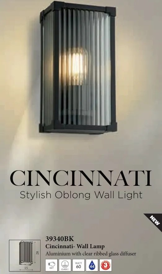 Aplica neagra perete exterior IP44 Cincinnati