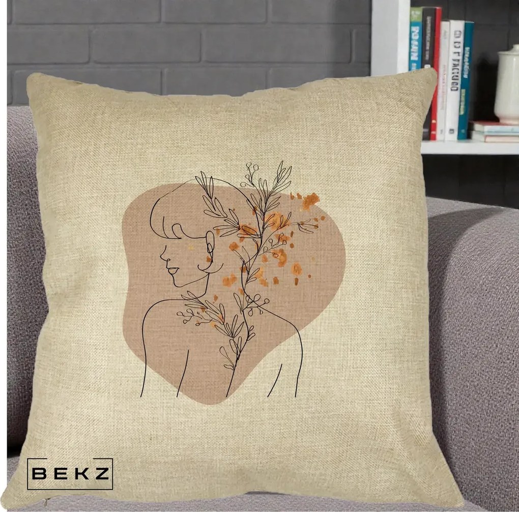 Perna Decorativa Femeie cu Flori Line Art Boho, 40x40 cm, Crem, Husa Detasabila, Perna Inclusa, BEKZ®
