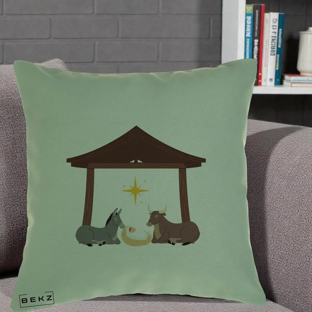 Perna Decorativa Ieslea din Betleem cu Iesle Asin si Bou, 40x40 cm, Verde, Husa Detasabila, Perna Inclusa, BEKZ®