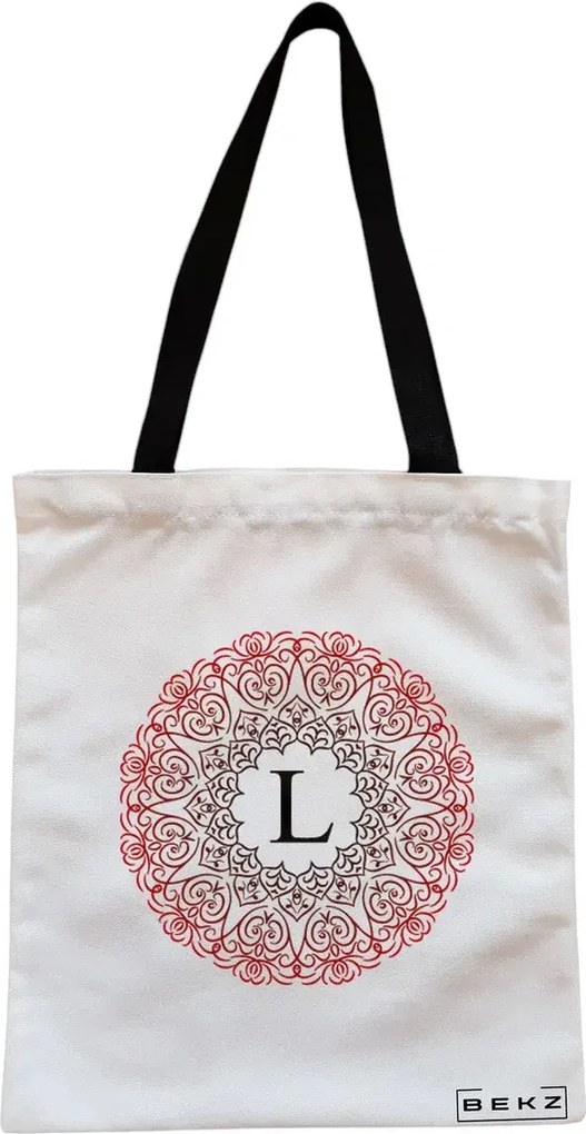 Sacosa de Panza pentru Cumparaturi, Geanta Tote, Cu litera L si Mandala, Cu fermoar, 38x34.5 cm, Alba, BEKZ®