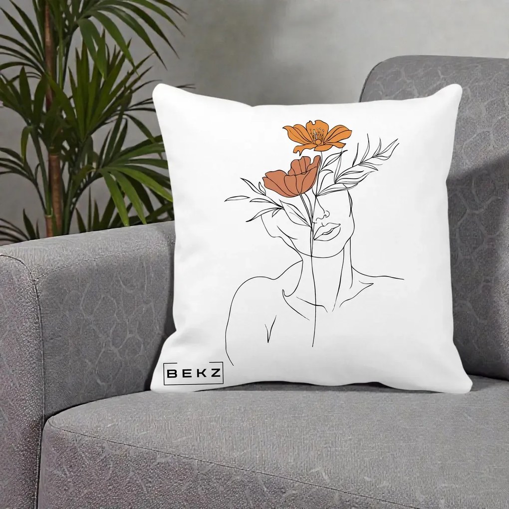 Perna Decorativa Portret Feminin Doua Flori, 40x40 cm, Alba Mata, Husa Detasabila, Perna Inclusa, BEKZ®