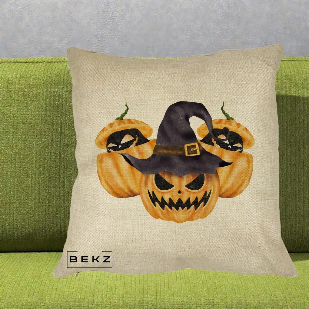 Perna Decorativa Trio Dovleci Jack-o-Lantern cu Palarie Vrajitoare, 40x40 cm, Crem, Husa Detasabila, Perna Inclusa, BEKZ®