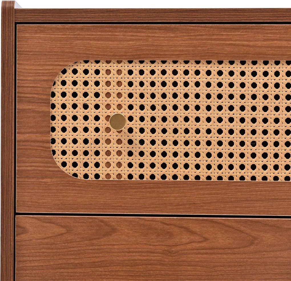 Comodă vintage cu 6 sertare și detalii din ratan, mânere din metal pentru dormitor și living, 120x40x90 cm, Culoare naturală