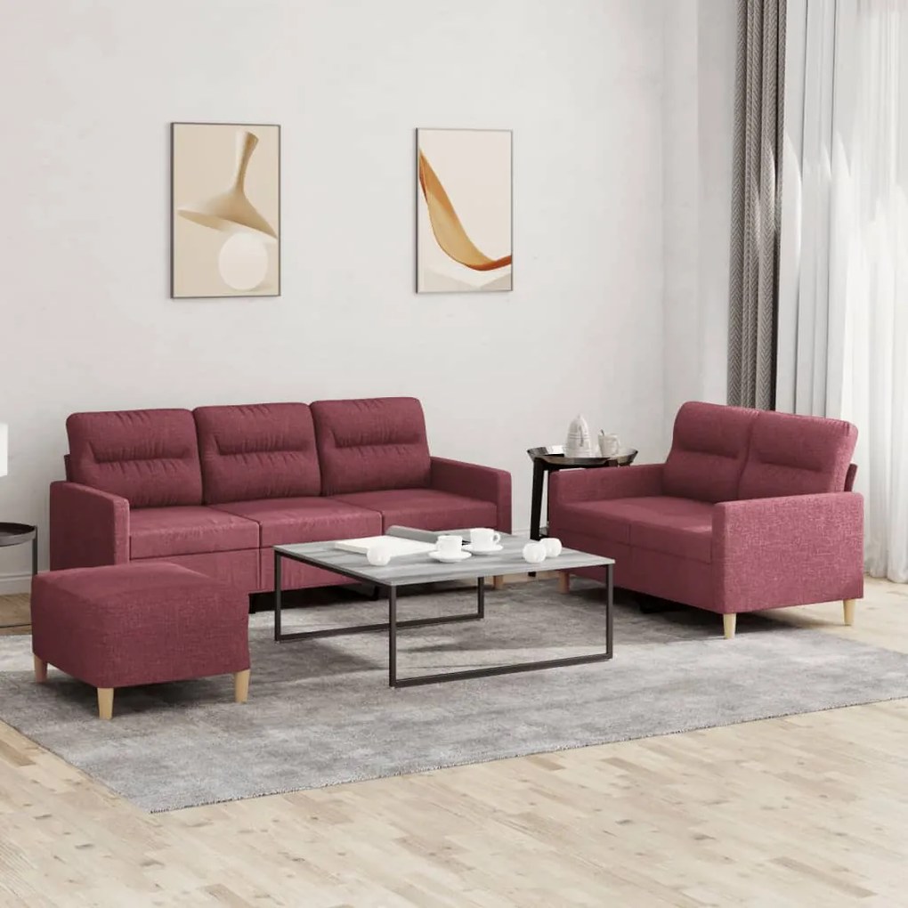 3201614 vidaXL Set canapea cu perne, 3 piese, roșu vin, material textil