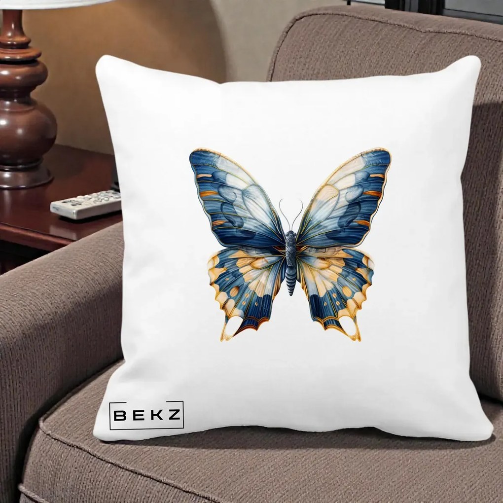 Perna Decorativa Fluture Albastru Auriu Elegant, 40x40 cm, Alba Mata, Husa Detasabila, Perna Inclusa, BEKZ®