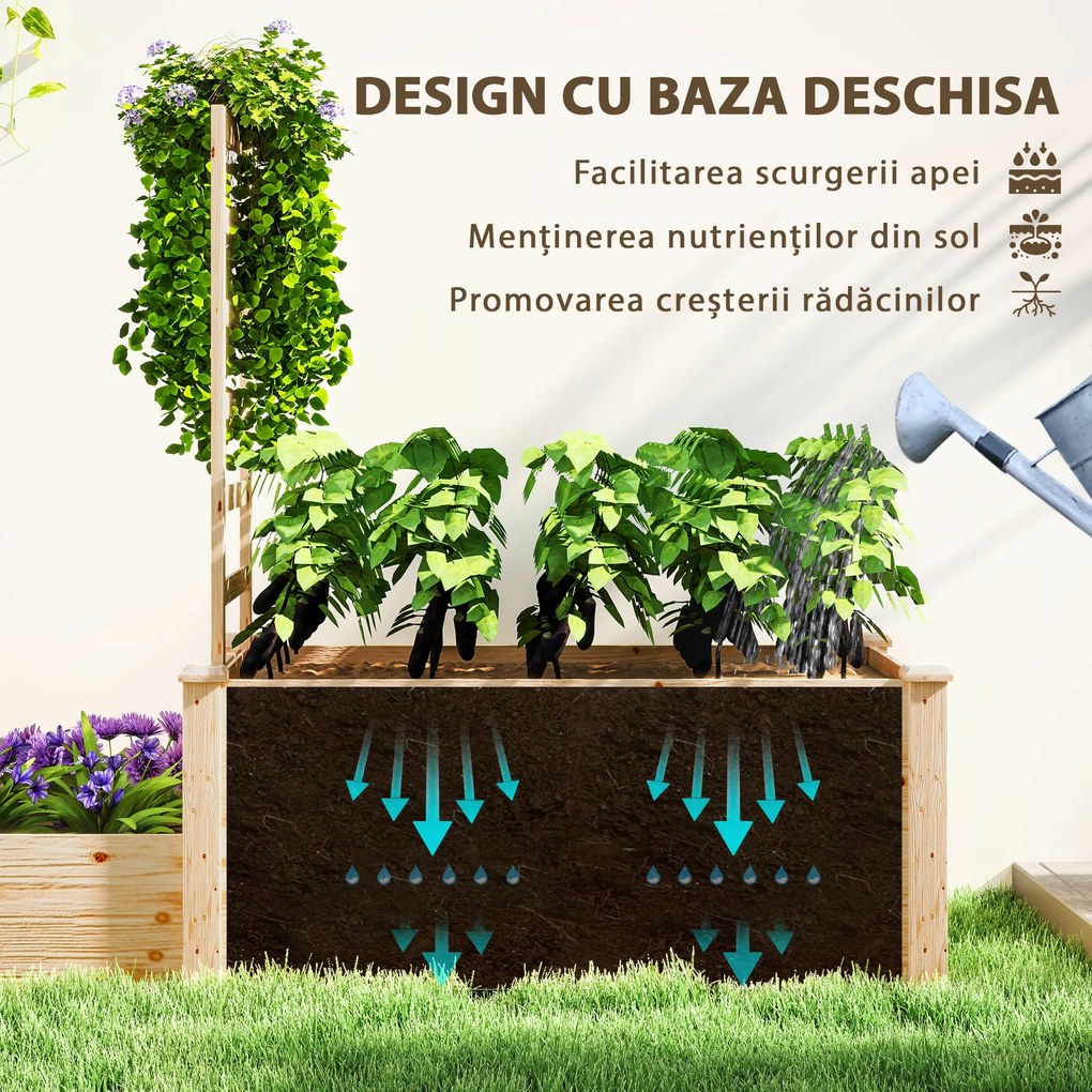 Outsunny Pat Înălțat pentru Grădină cu Grilaj, Bază Deschisă și 2 Despărțitoare, 222x63x132 cm, Lemn Natural | Aosom Romania