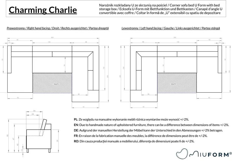Colțar gri extensibil (cu colț pe partea dreaptă/în formă de "U") Charming Charlie – Miuform
