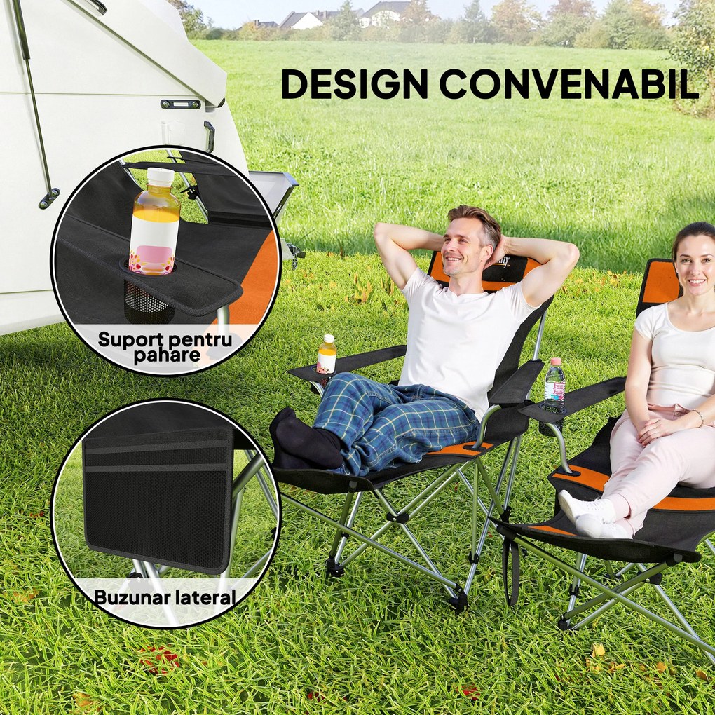Outsunny Set de 2 Scaune de Camping Pliabile cu Suport pentru Picioare Detașabil, 82x100x88 cm, Negru | Aosom Romania