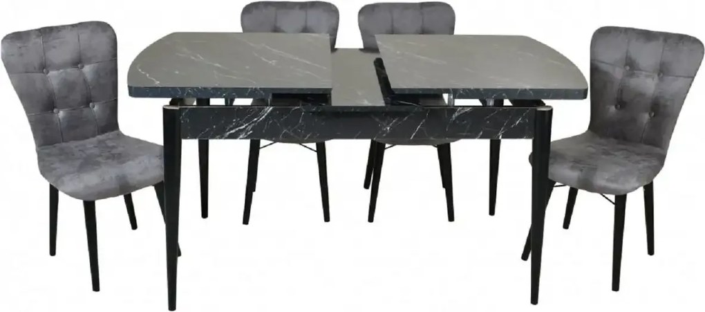 Set masa extensibila cu 6 scaune tapitate Homs cristal  negru-gri 170 x 80 cm