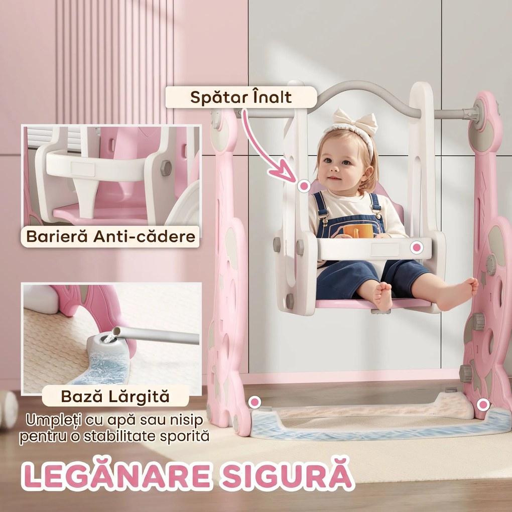 AIYAPLAY Tobogan pentru copii 4 în 1 cu leagăn, scară de cățărare și coș de baschet, 18-48 luni, roz | Aosom Romania