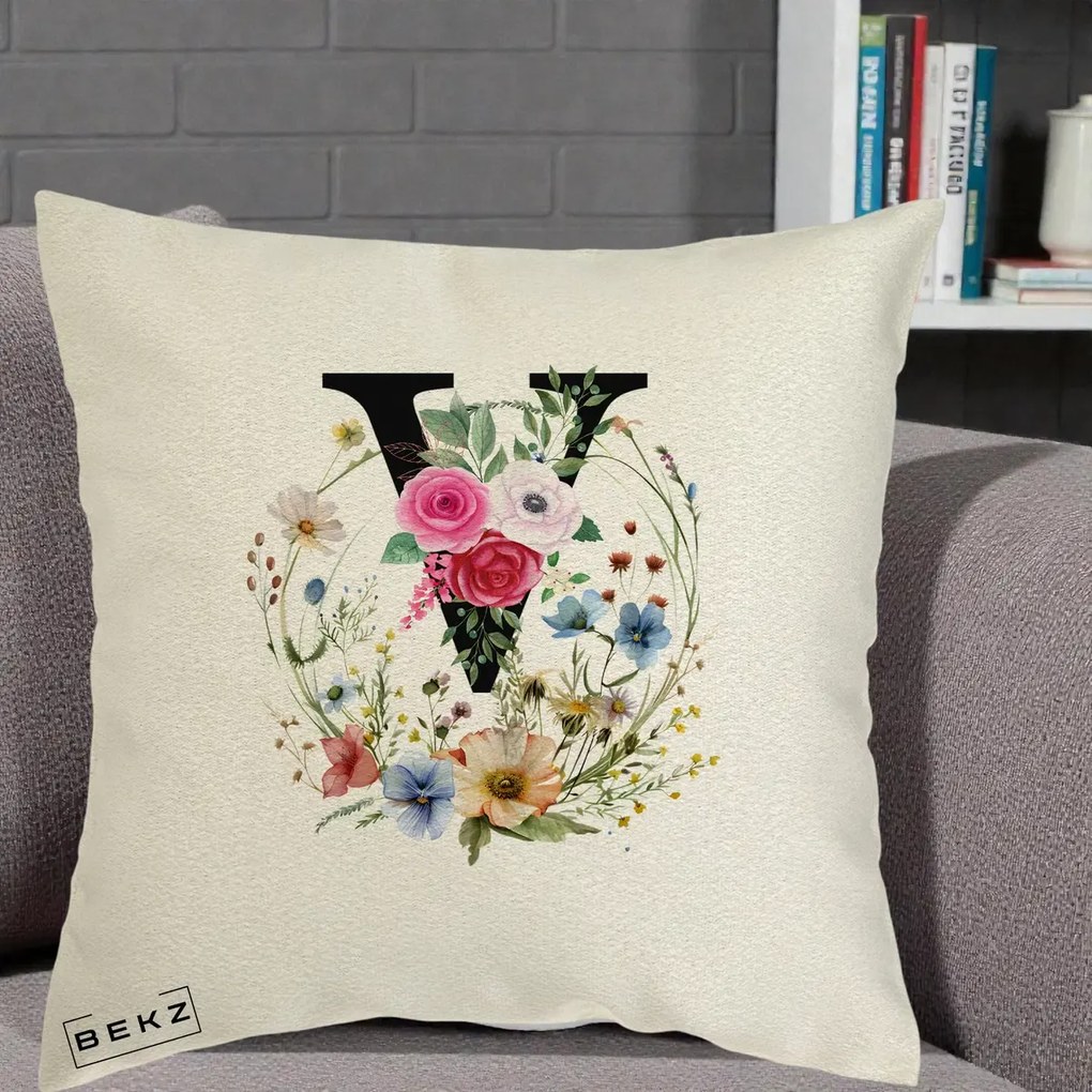 Cadou Personalizat - Perna Personalizata Monograma Florala Litera V cu Coroana, 40x40 cm, Ecru, Husa Detasabila, Perna Inclusa, BEKZ®