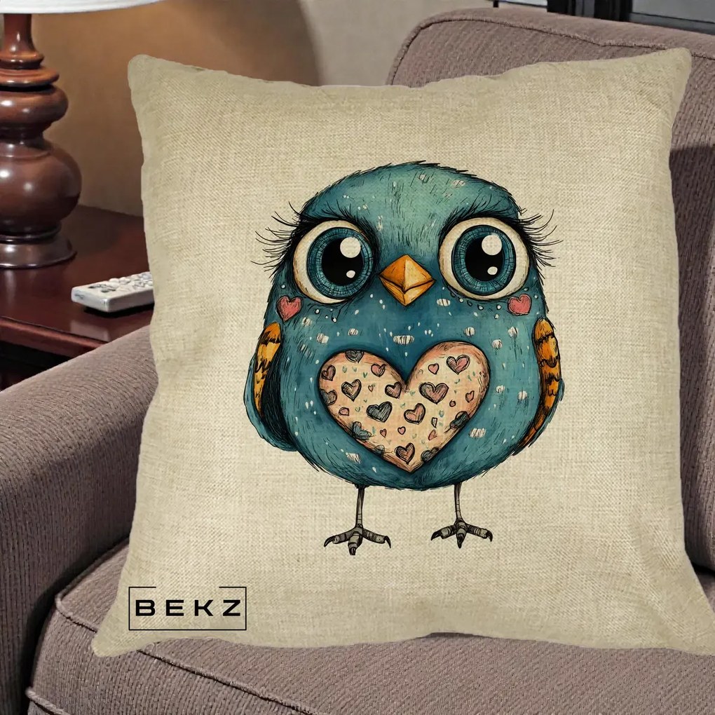 Perna Decorativa Bufnita Albastra cu Inimioare, 40x40 cm, Crem, Husa Detasabila, Perna Inclusa, BEKZ®