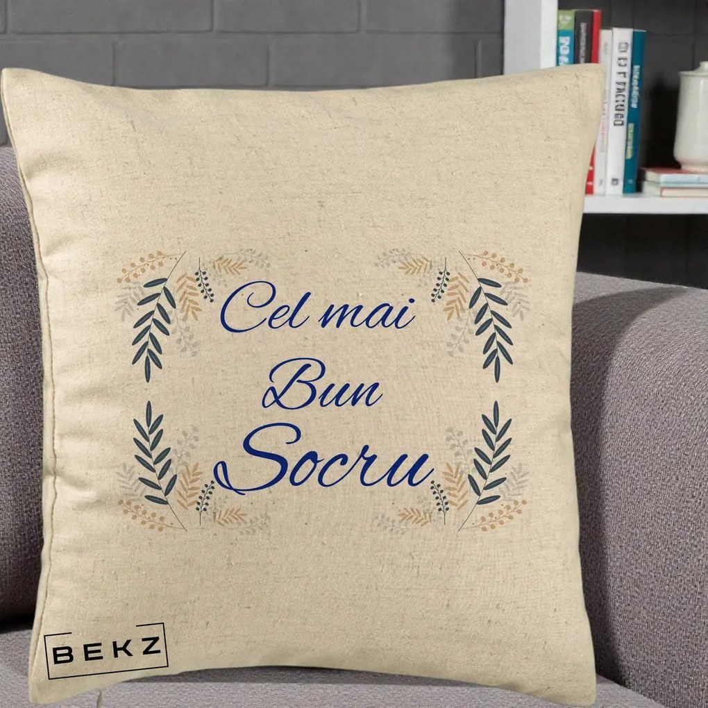 Cadou pentru Socru - Perna Personalizata Cel mai Bun Socru cu Ramuri Frunze Albastre si Aurii, 40x40 cm, Bej, Husa Detasabila, Perna Inclusa, BEKZ®