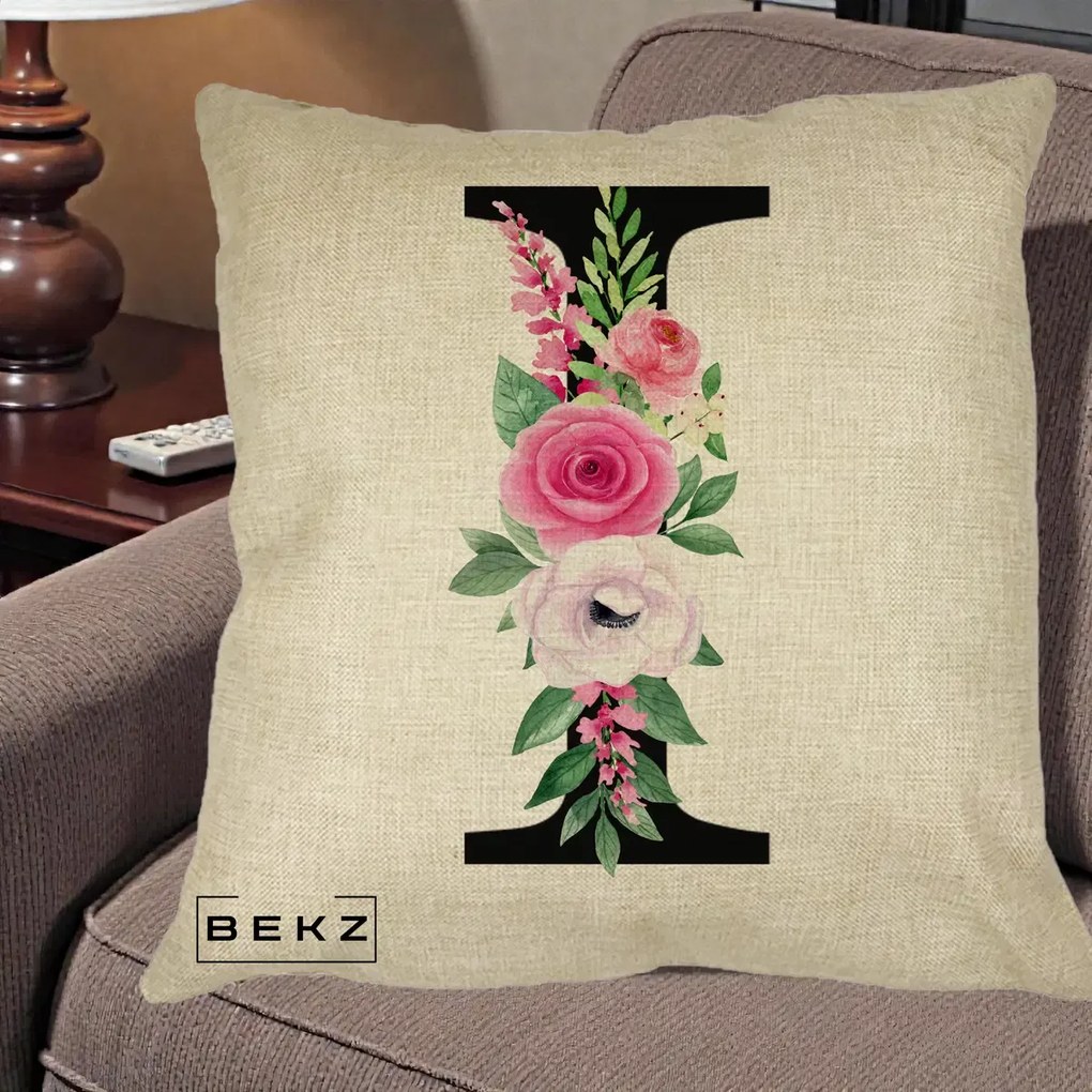Cadou Personalizat - Perna Personalizata Monograma Florala Litera I, 40x40 cm, Crem, Husa Detasabila, Perna Inclusa, BEKZ®