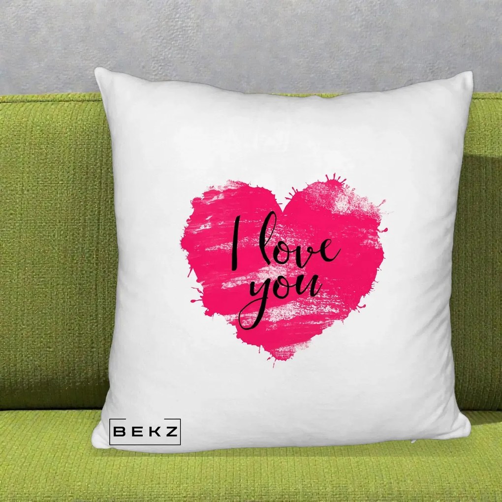 Cadou Romantic - Perna Personalizata I Love You Inima Roz, 40x40 cm, Alb Pufos, Husa Detasabila, Perna Inclusa, BEKZ®