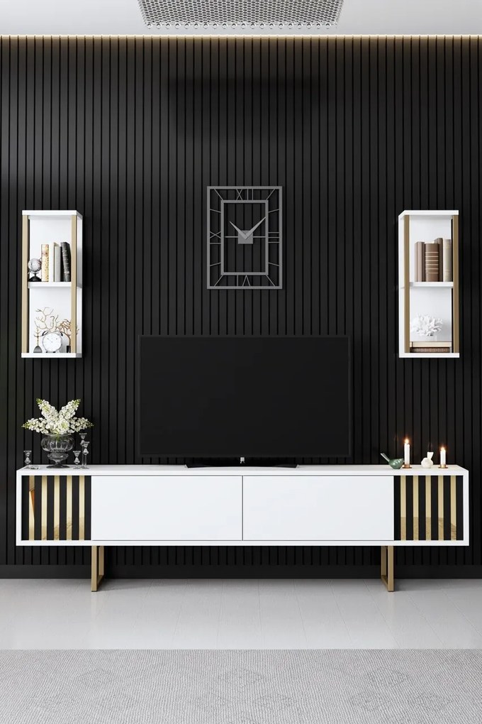 Comoda TV, Hanah Home, Gold Line, 180x30x48 cm, Alb/Negru