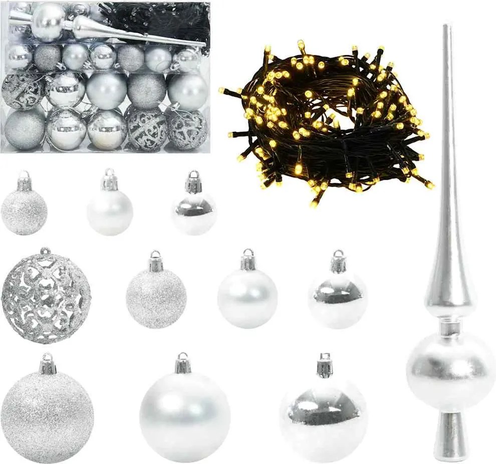 vidaXL Set de Globuri de Crăciun cu 150 LED 61 pcs Argintiu Plastic