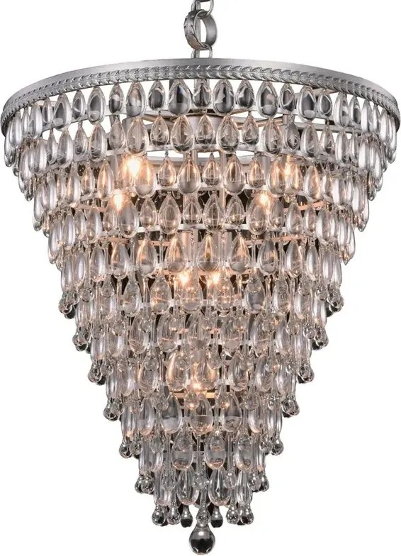 Candelabru din metal și sticlă, argintiu, în formă de con, cu pandantive picătură și lanț reglabil, finisaj patinat, 65 x 61 cm, „Kensington”