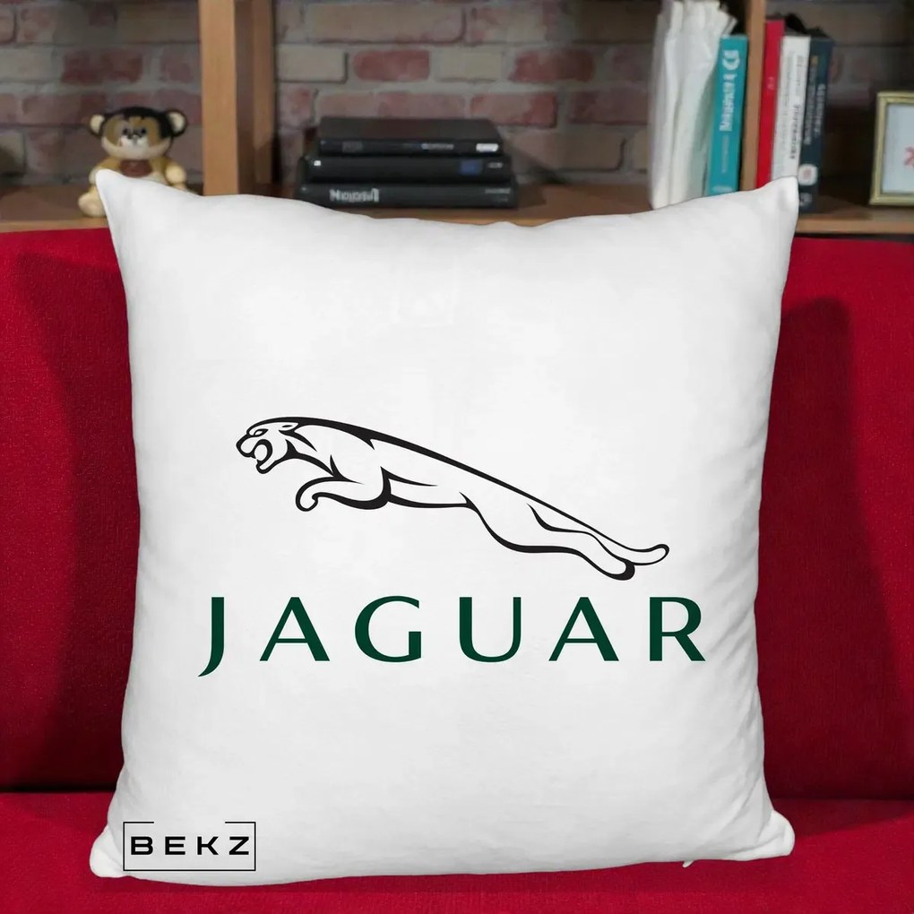 Perna Personalizata cu emblema Jaguar, 40x40 cm, Alb Pufos, Husa Detasabila, Perna Inclusa, BEKZ®