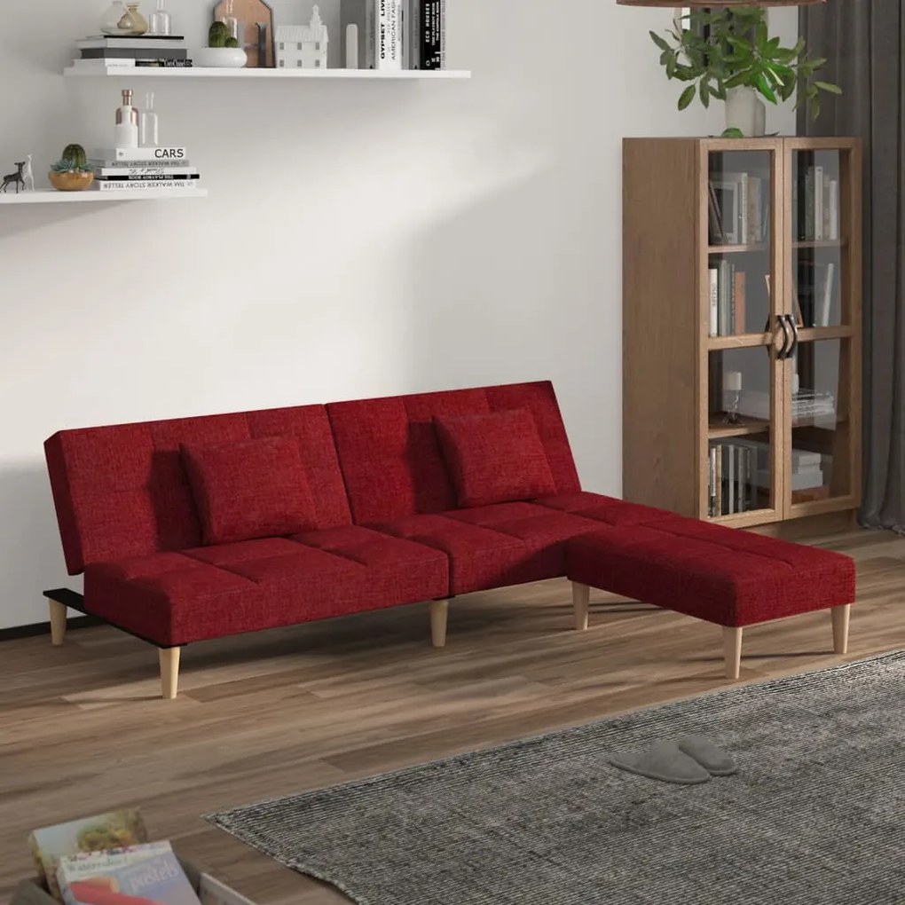 3080608 vidaXL Canapea extensibilă, 2 locuri 2 perne/taburet roșu vin textil