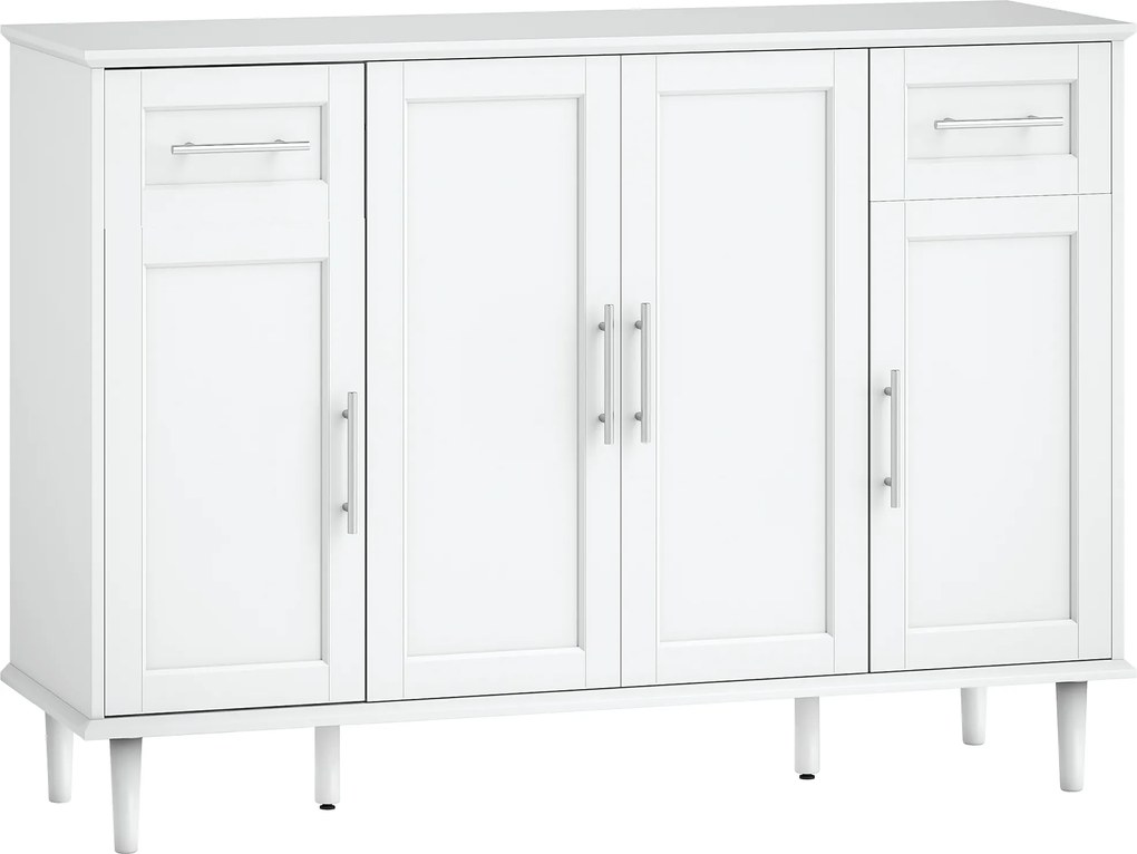 HOMCOM Mobilier de Sufragerie, Credență cu 2 Sertare și 3 Dulapuri cu Rafturi Reglabile, Comodă cu Picioare din Pin pentru Sala de Mese și Bucătărie, 120x38x86 cm, Alb | Aosom Romania