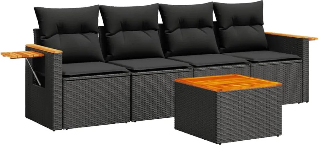 vidaXL Set mobilier de grădină cu perne, 5 piese, negru, poliratan