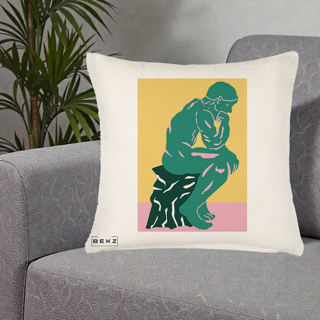 Perna Decorativa Ganditorul Sculptura Pop Art, 40x40 cm, Crem Reliefat, Husa Detasabila, Perna Inclusa, BEKZ®