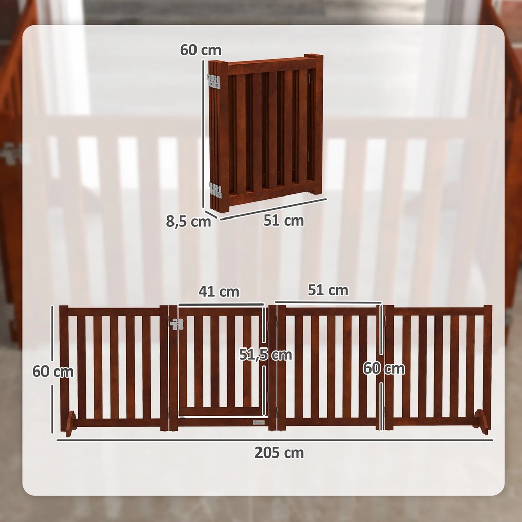 PawHut Barieră de siguranță câine pliabilă dublă față din lemn, 4 panouri cu ușă, picioare de suport, 205 x 60 cm, maro | Aosom Romania