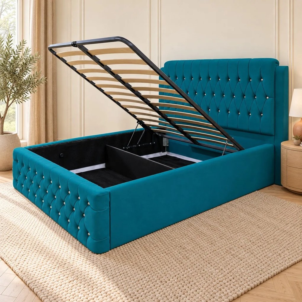 Pat tapițat Chesterfield din catifea Aveline Deluxe 160×200 cm, turcoaz, cu ladă de depozitare