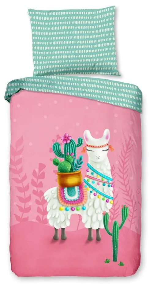 Lenjerie de pat pentru copii roz-turcoaz din bumbac pentru pat de o persoană 140x200 cm Lalama – Good Morning