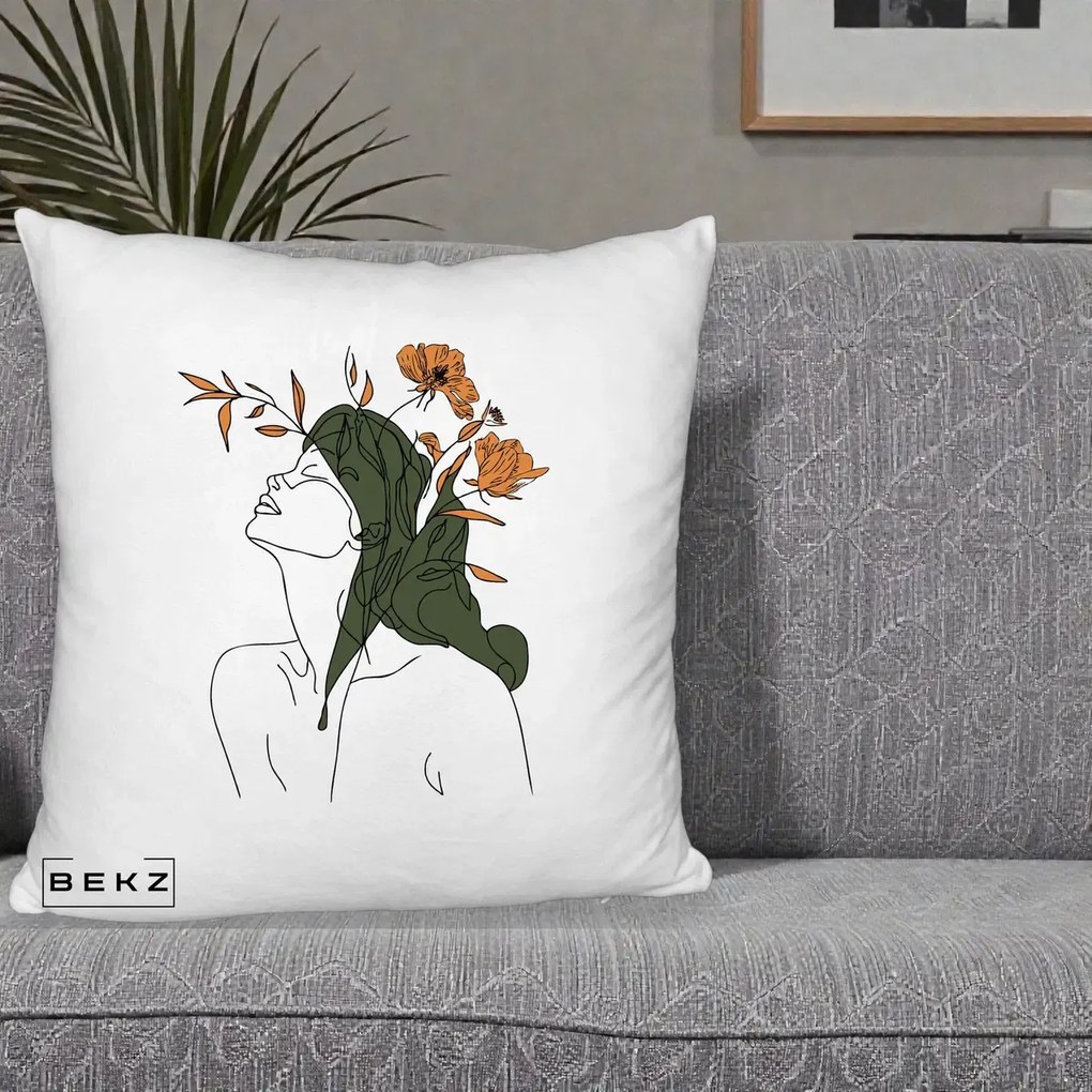 Perna Decorativa Portret Feminin Profil Flori Portocalii, 40x40 cm, Alb Pufos, Husa Detasabila, Perna Inclusa, BEKZ®