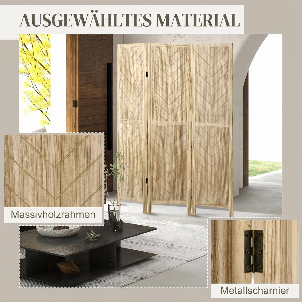 HOMCOM Separator de Cameră cu 3 Panouri, Ecran de Confidențialitate Pliabil Portabil pentru Interior din Lemn Masiv, Despărțitor de Perete, 120x170x1.6 cm, Natural