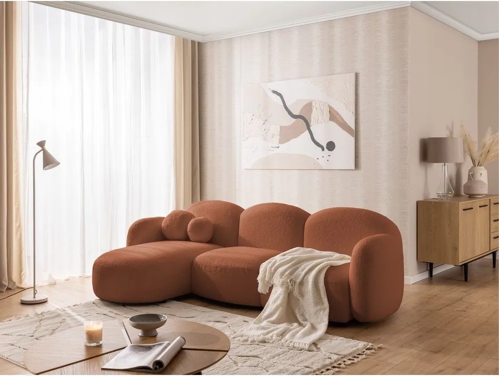 Colțar teracotă cu tapițerie din țesătură bouclé (cu colț pe partea stângă/cu șezlong) Orbit – Ropez