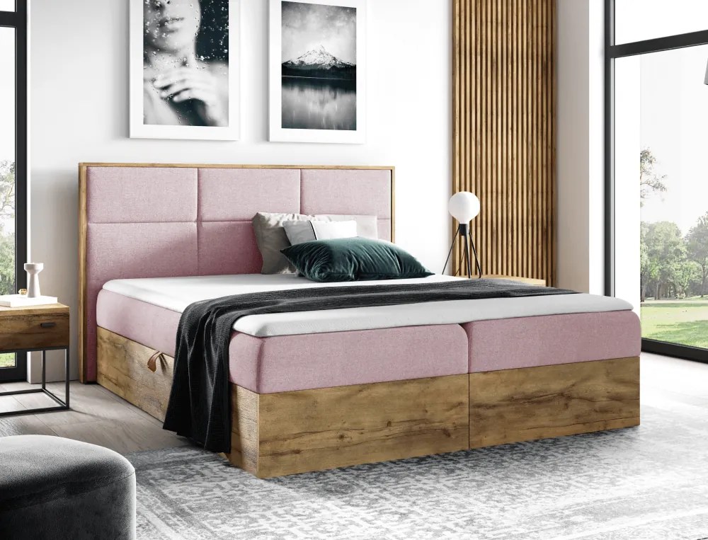 Pat Boxspring, 200x200, ţesătură roz Kronos/stejar lancelot, WOOD 2