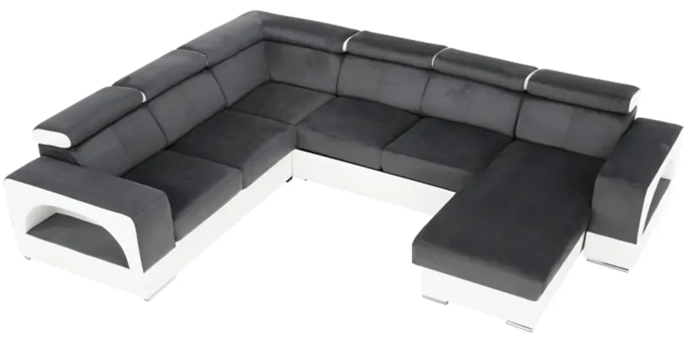 colţar în formă de U, piele ecologică albă/material textil gri, model dreapta, KAMELIA