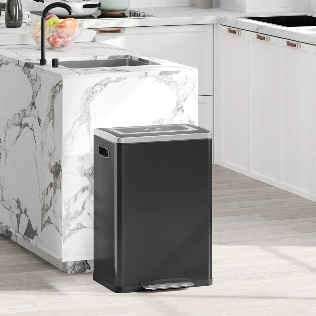 HOMCOM Coș de Gunoi cu 2 Secțiuni de 20L cu Pedală și Capac cu Închidere Moale, din Oțel Inoxidabil și PP, 40x34.8x59 cm, Negru | Aosom Romania
