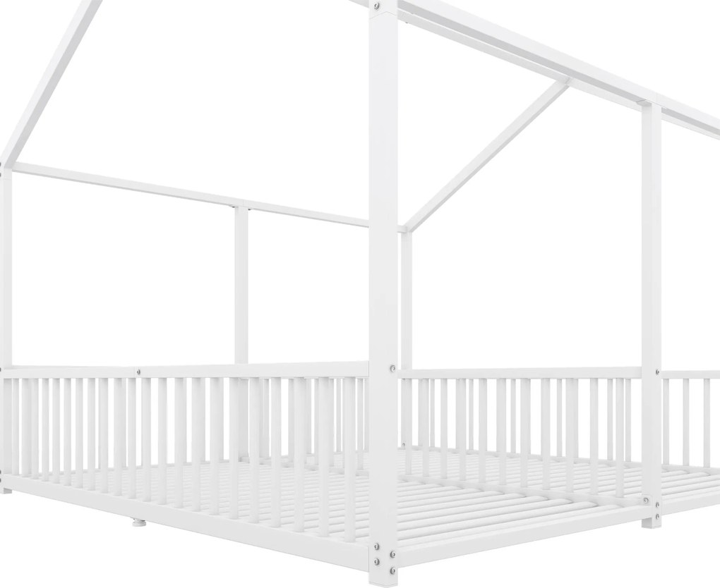 Pat dublu pentru copii 90x200 cm, formă de casă, cu barieră de siguranță, fără saltea, Alb