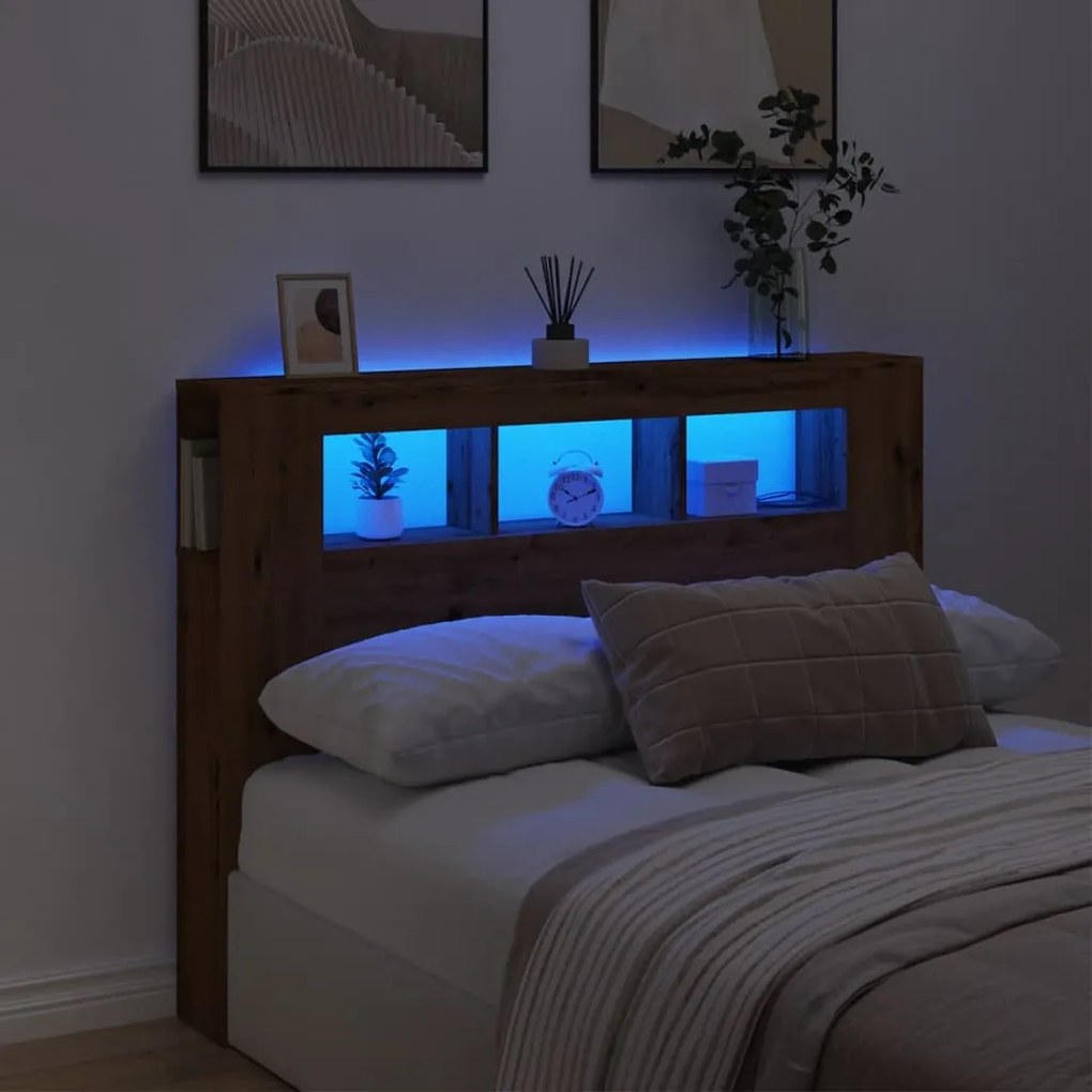 vidaXL Tăblie de pat cu LED, stejar artizanal, 140x18,5x103,5 cm, lemn