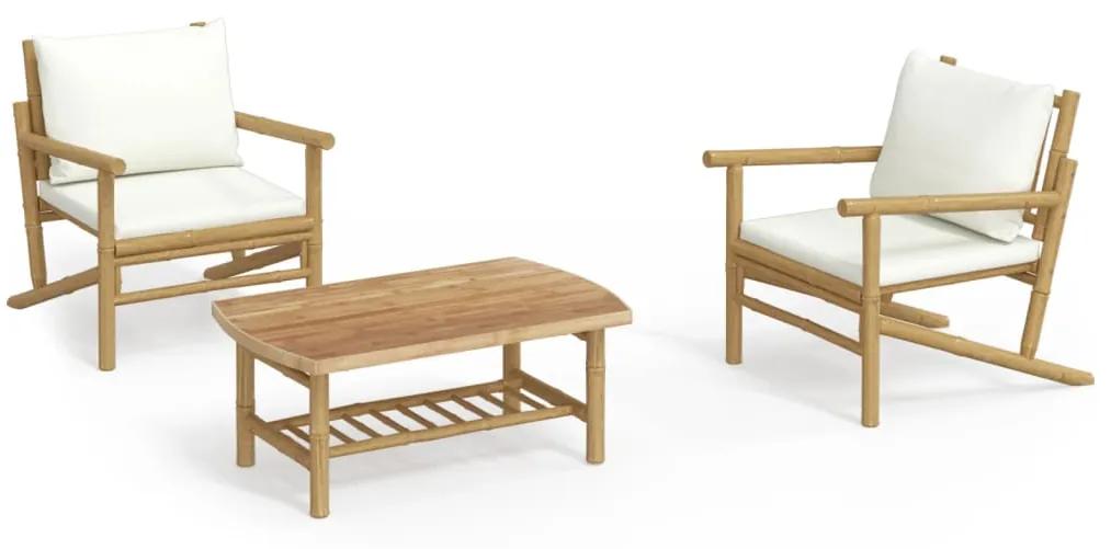 3156479 vidaXL Set mobilier de grădină, cu perne alb crem, 3 piese, bambus
