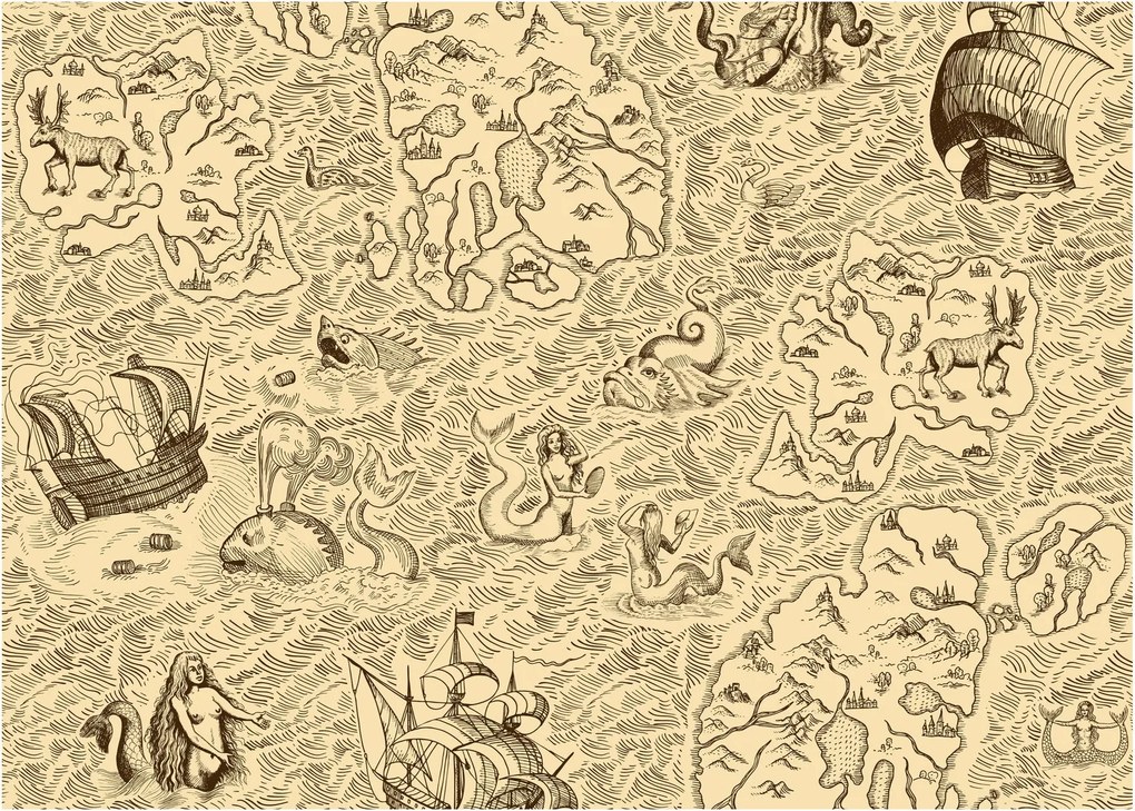Tablou pe sticlă - Harta de epocă, ilustrații (70x50 cm)