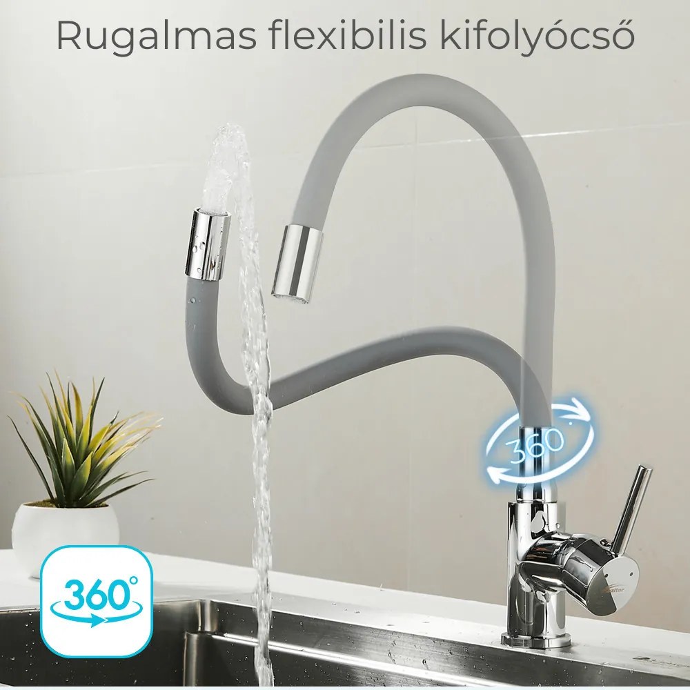 Robinet mixer pentru chiuvetă cu piedestal Corin cu gura de scurgere flexibilă gri